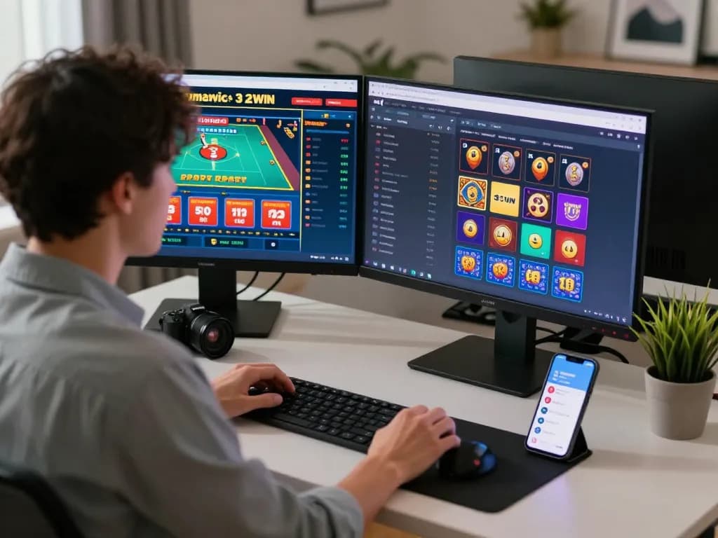 Engaged user betting on 32WIN platform, showcasing multiple screens of live games, casual atmosphere, and modern home office.