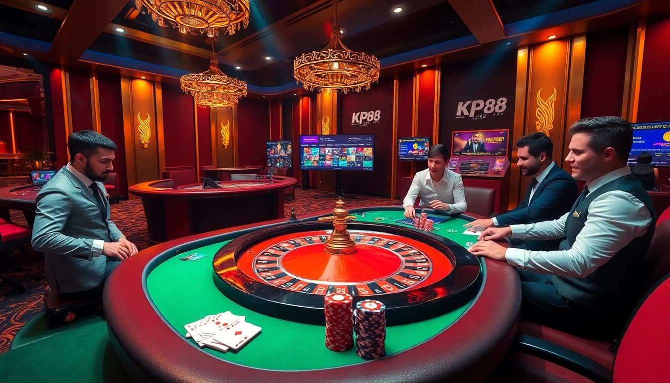 Experience the excitement of KP88 with dealers at a poker table in a vibrant casino setting.