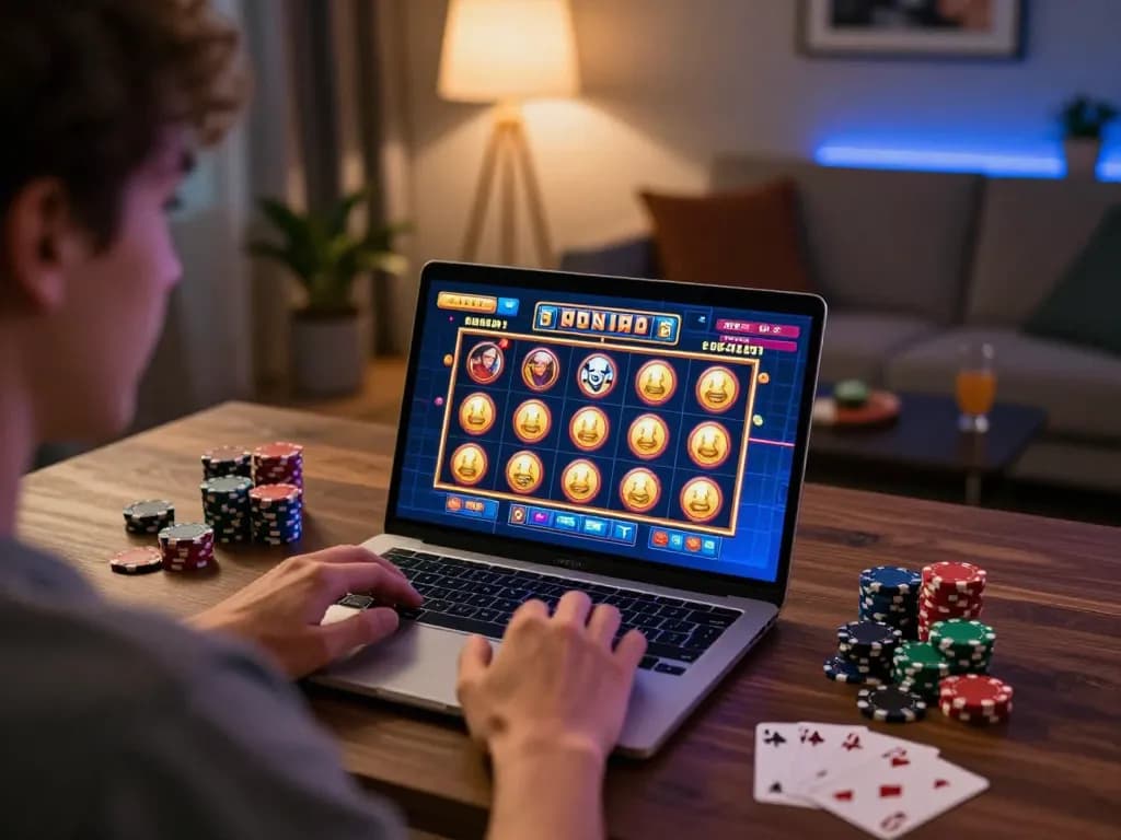 Person enjoying a winning moment on vipwin's online slot game interface in a cozy home setting.