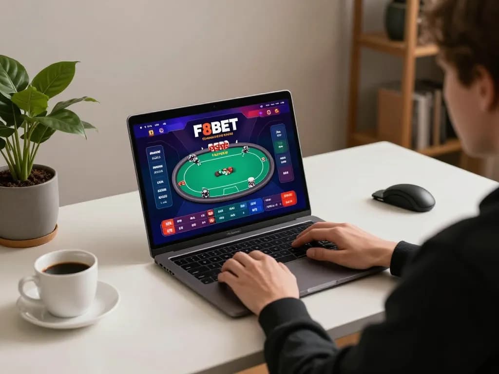 Engaging in F8BET online gaming session with vibrant poker interface and stylish workspace.