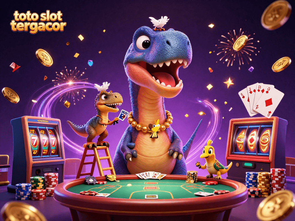 Play thrilling toto slot tergacor with a colossal brontosaurus and clever raptor at an exciting casino scene.