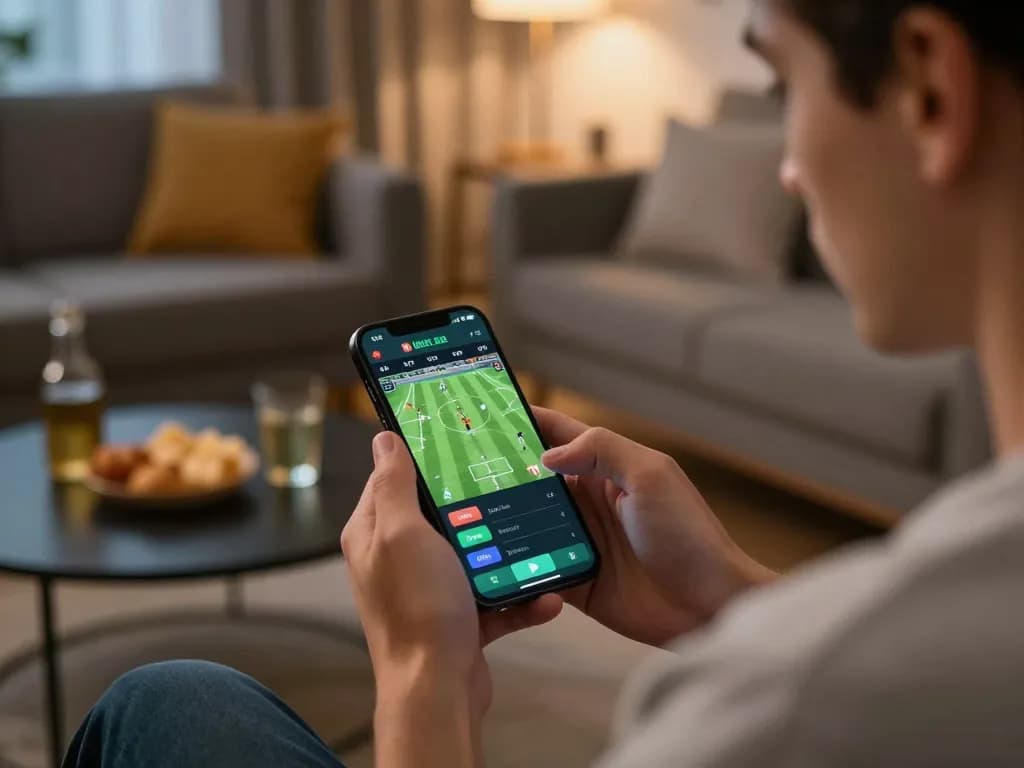 Engaged player placing sports bets via smartphone at https://rr888.shopping/ showcasing excitement in a modern home.