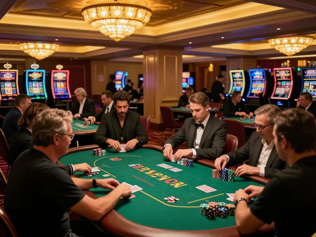 Engaged players at TG88 poker tables enjoying a sophisticated casino atmosphere with vibrant lights.