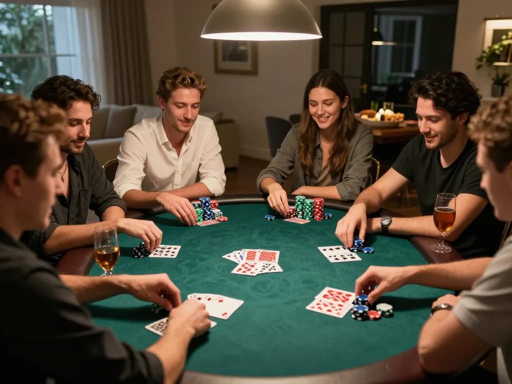 okfun poker game night with friends around the table enjoying drinks and strategic gameplay