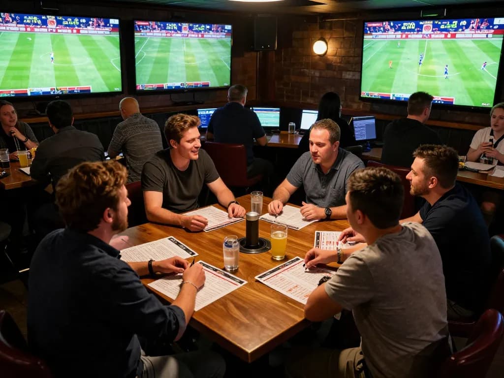 Soi Kèo capturing the excitement of sports betting with enthusiastic bettors discussing strategies and live match screens