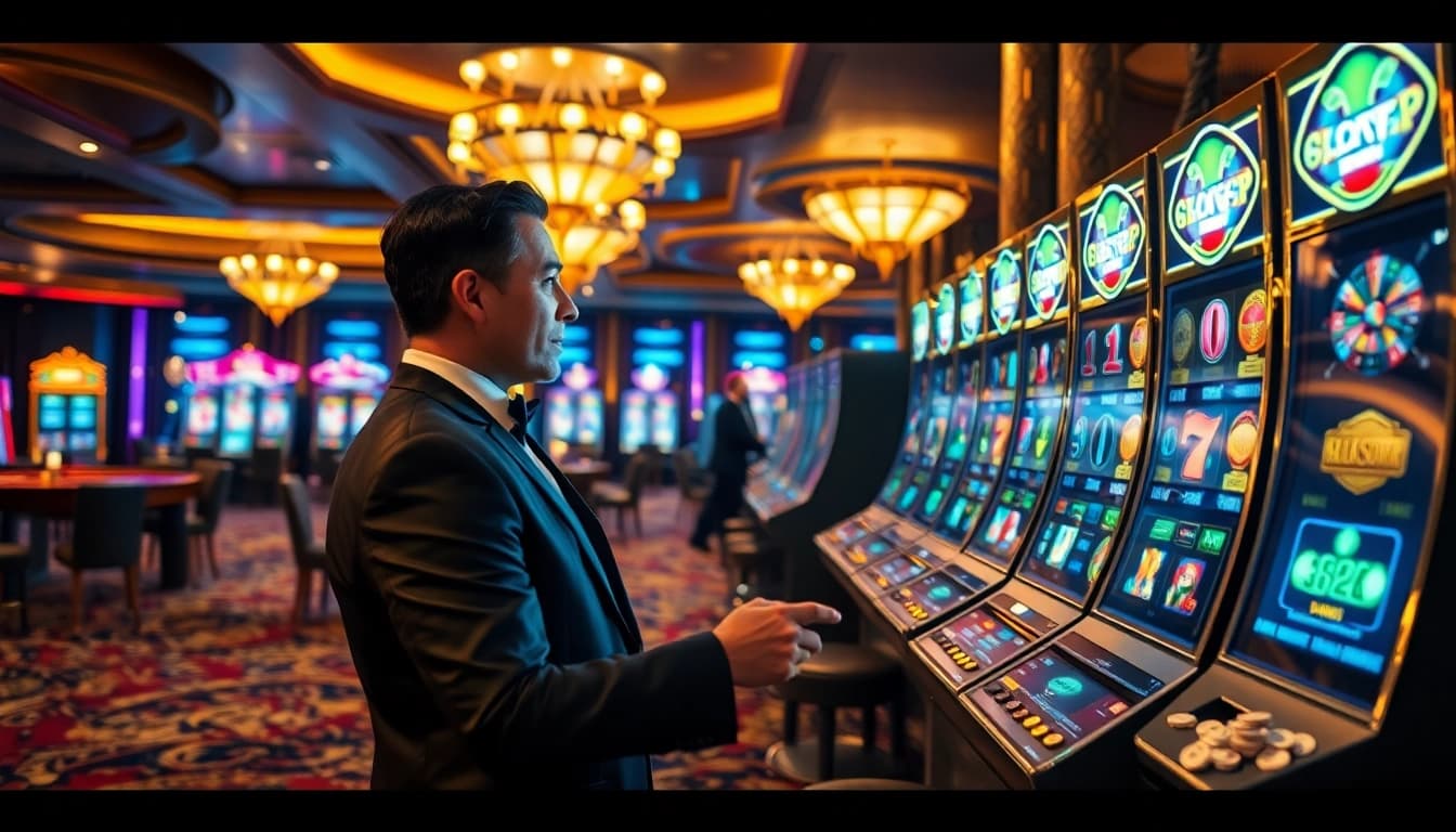 Berinteraksi dengan mesin slot gacor yang menarik di suasana kasino yang mewah.