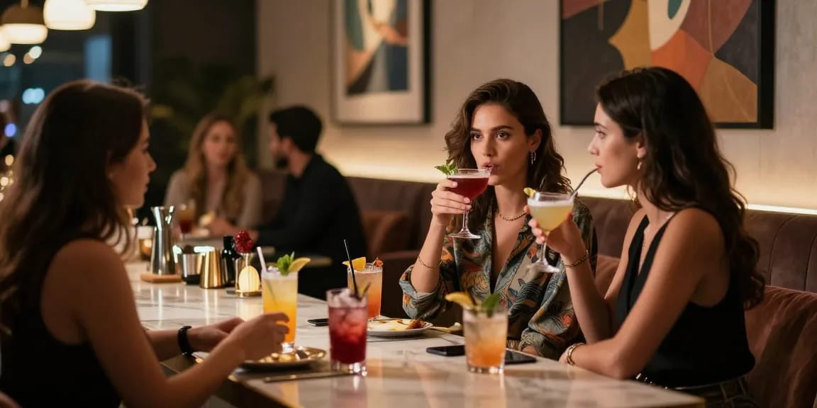 Gái gọi trong không gian lounge sang trọng, thưởng thức cocktail và trò chuyện, ánh đèn lãng mạn tạo không khí.