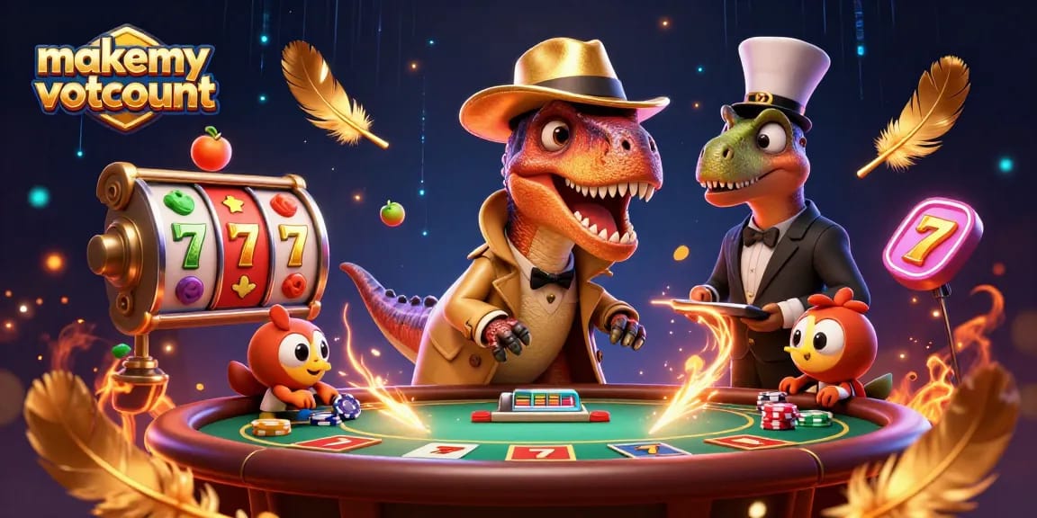 Engage with makemyvotecount at an exciting blackjack scene with animated dinosaurs and vibrant casino elements.