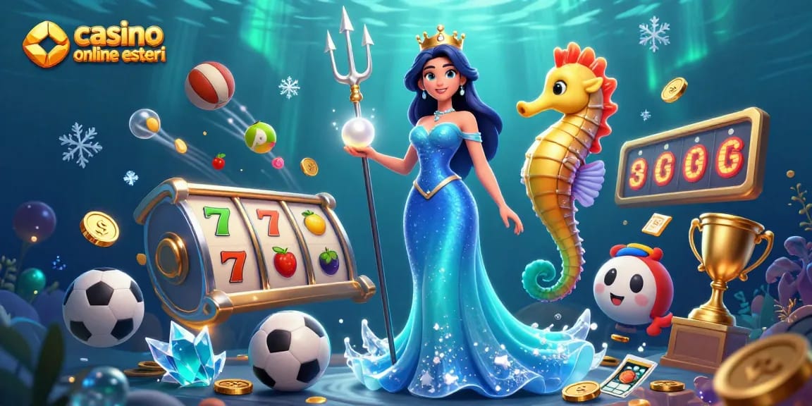 Scopri l'emozione dei casino online esteri con elementi di gioco 3D vivaci e personaggi in una dinamica scena sottomarina.