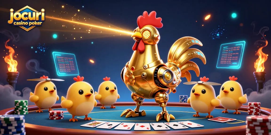Implică-te în jocuri casino poker cu o ilustrație 3D captivantă, bazată pe un robot galben jucător de poker.