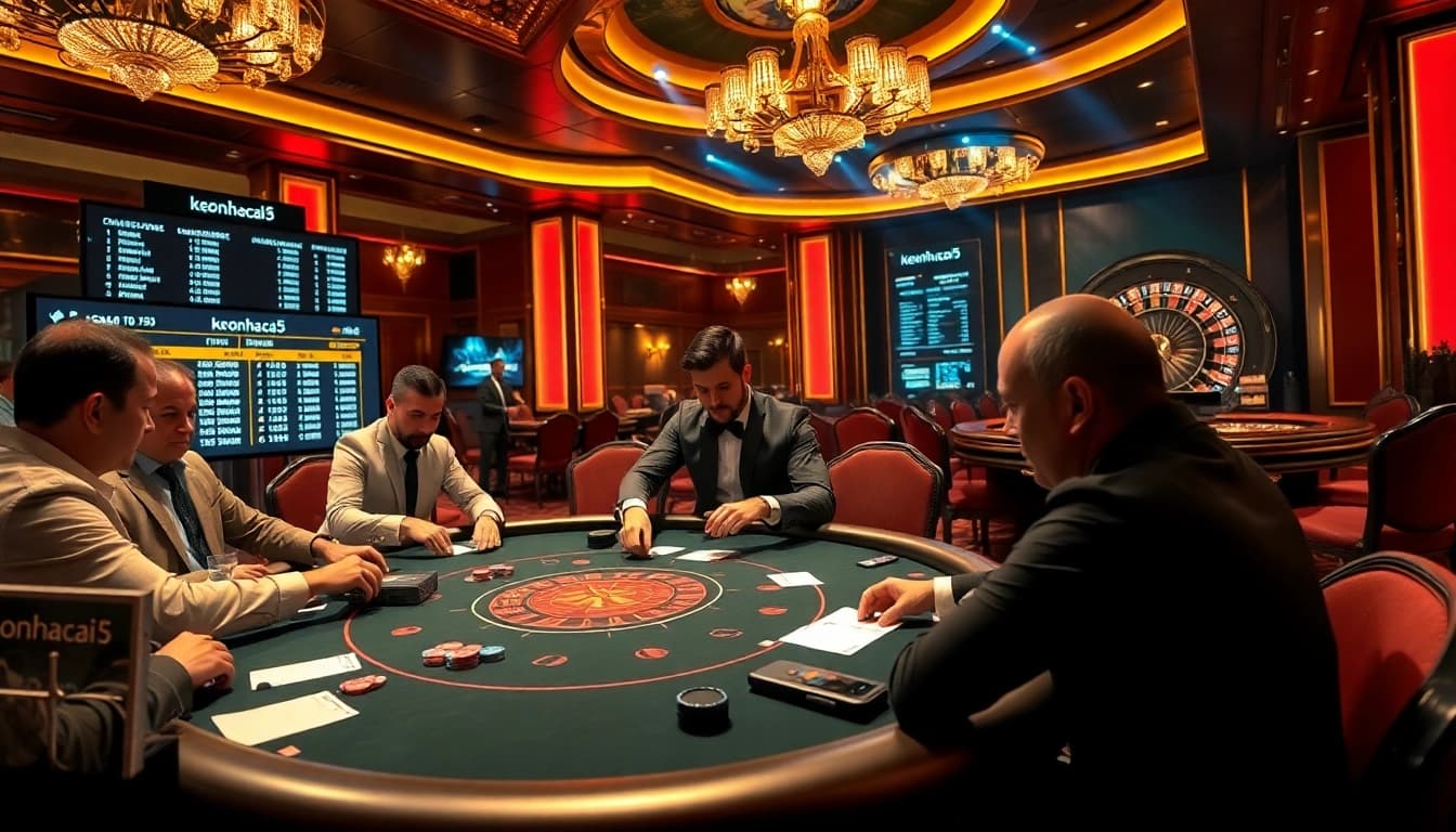 Engaged players immerse themselves in a keonhacai5 poker game within a luxurious casino.