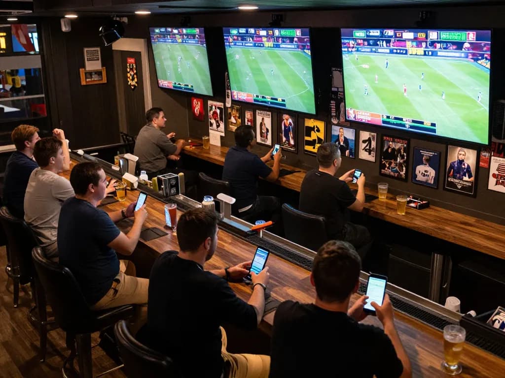 Engage in live betting at BK8 with multiple screens showing games and patrons excitedly placing bets.