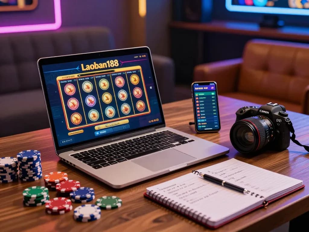Skenario perjudian online laoban188 yang menarik dengan chip berwarna-warni dan laptop permainan.
