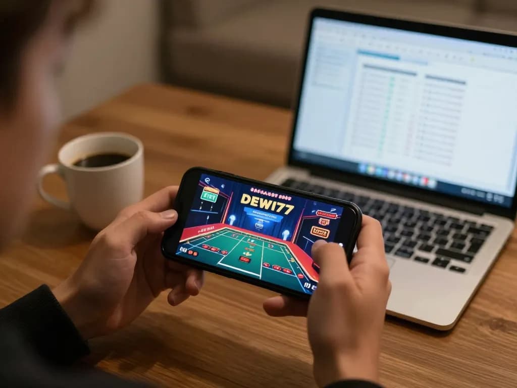 Terlibat dalam permainan yang bertanggung jawab di aplikasi DEWI77 dengan smartphone sambil menikmati suasana rumah yang nyaman.
