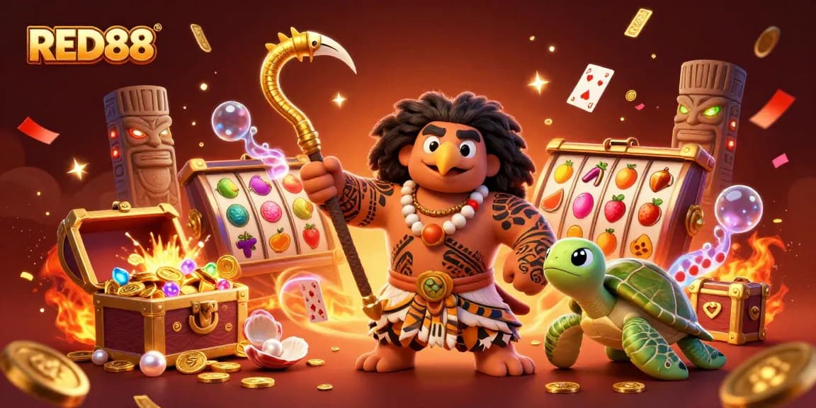 Engage in vibrant RED88 gameplay surrounded by gold coins, treasure, and sparkling festivities.