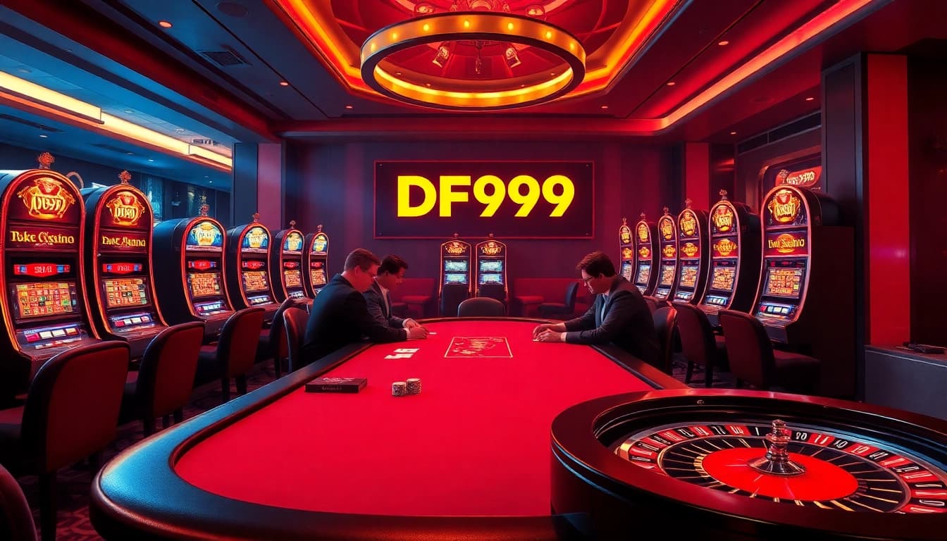 Exciting poker game featuring DF999 branding with vibrant casino elements.