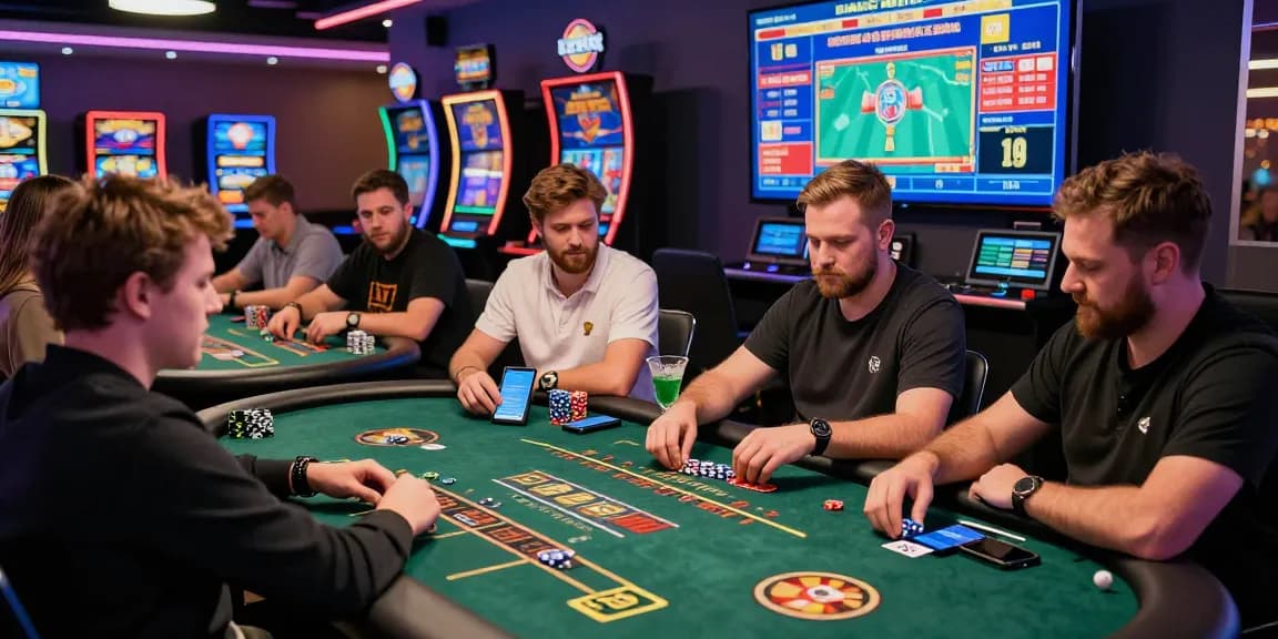 Credit card casino reviews showcasing players enjoying various games in a modern online casino environment with vibrant lighting and technology.