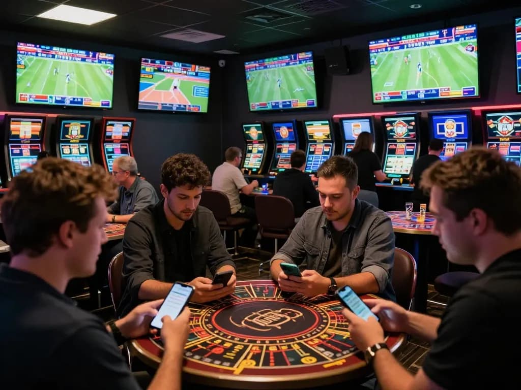 Keo nha cai sports betting atmosphere with patrons engaging in live betting and discussions