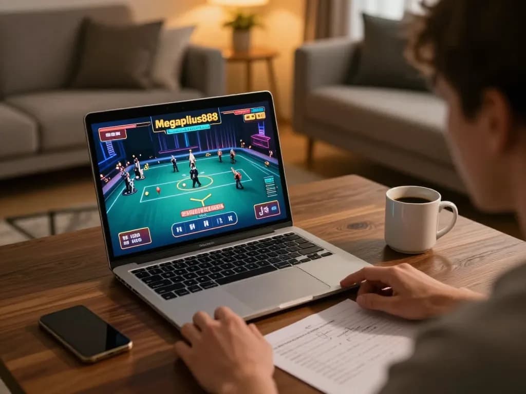 Engaging online gaming on megaplus88 with a live dealer, showcasing an inviting home setup