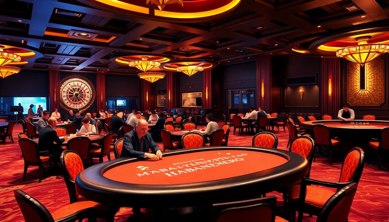 Players engaging in a high-stakes poker game at an elegant casino illuminated by Habanero-themed lights.