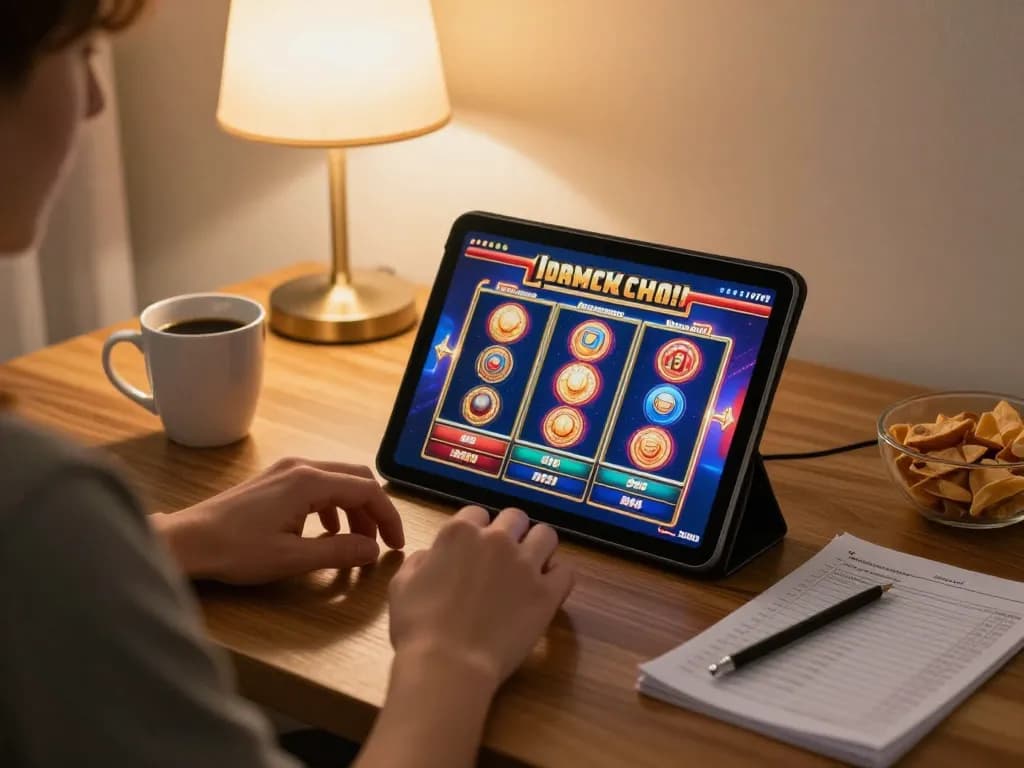 Engaged player exploring oli4d slot games on a tablet in a cozy home setting.