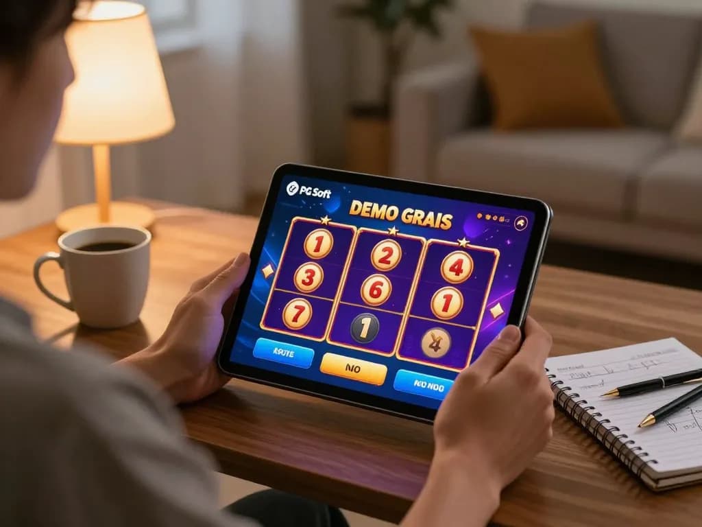 Berinteraksi dengan slot PG Soft Demo Gratis di tablet, menunjukkan permainan strategis dalam lingkungan rumah yang nyaman