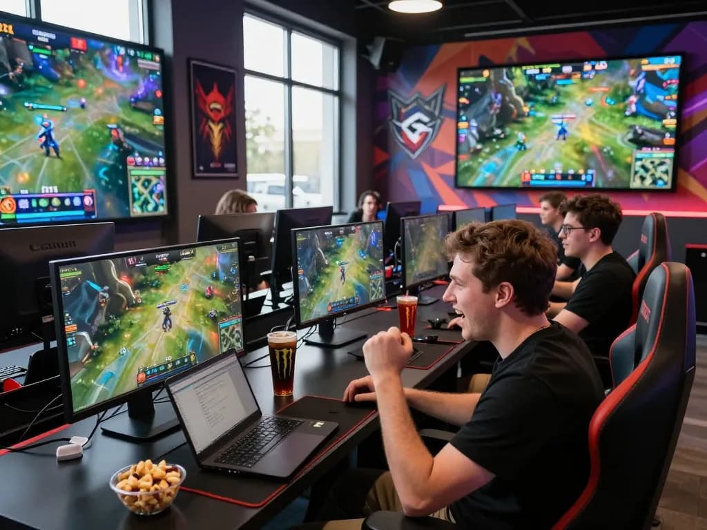 Engaged Dota 2 bettors at GGLBet's esports lounge, analyzing live match stats for optimal betting strategies.