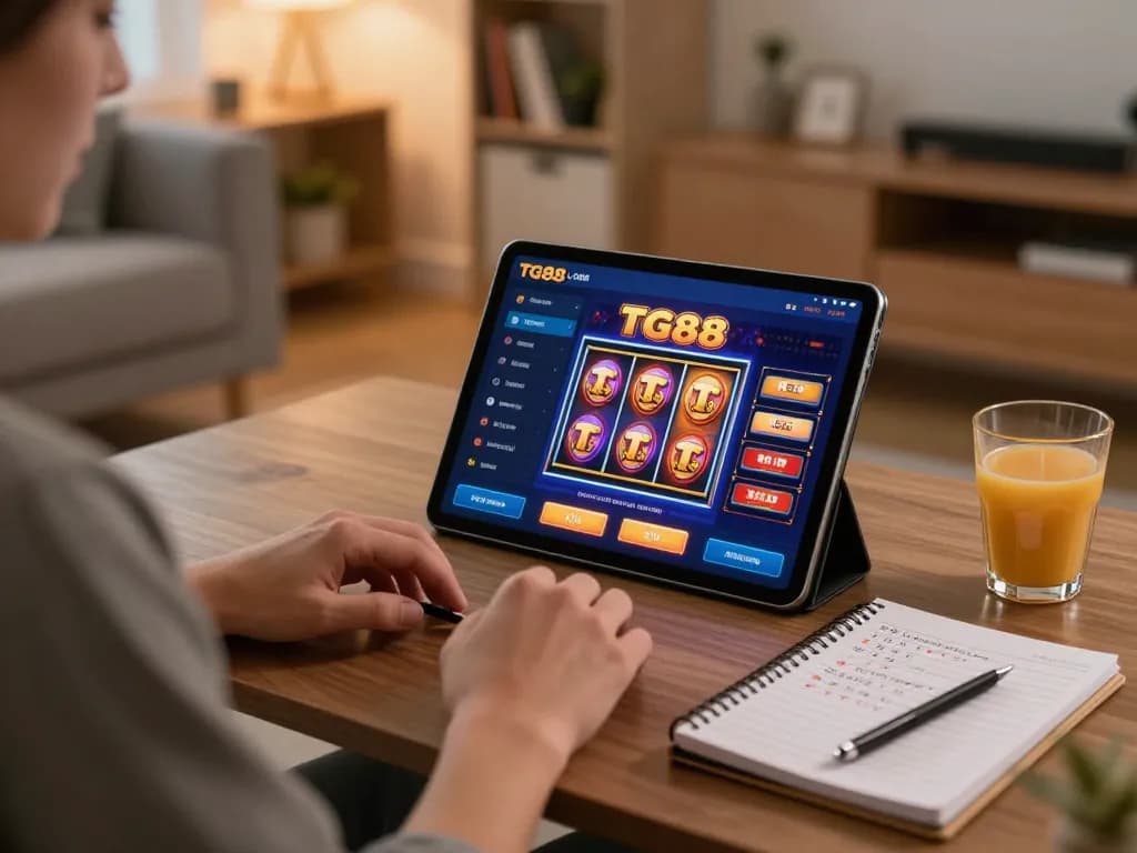 Player engaging in the TG88 mobile app for casino gaming in a cozy living room.