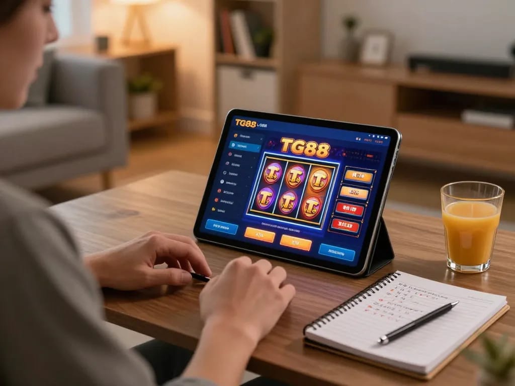 Player engaging in the TG88 mobile app for casino gaming in a cozy living room.