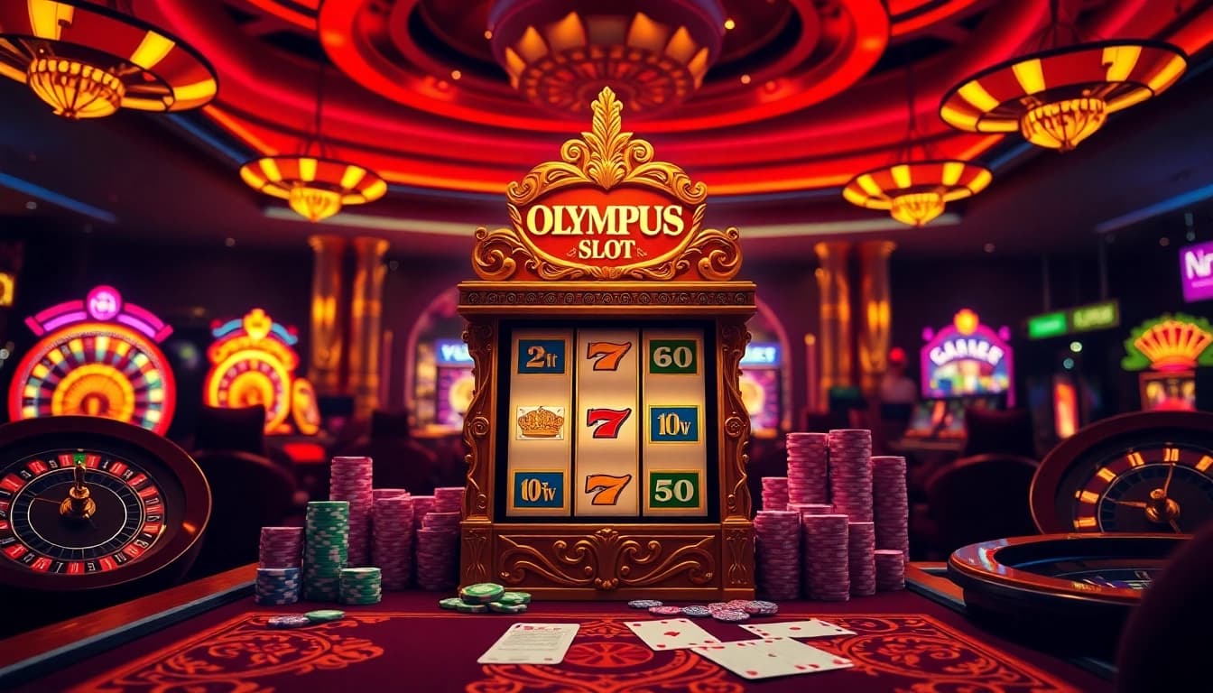 Spin the Olympus slot machine amidst a vibrant casino backdrop filled with chips and roulette wheels.