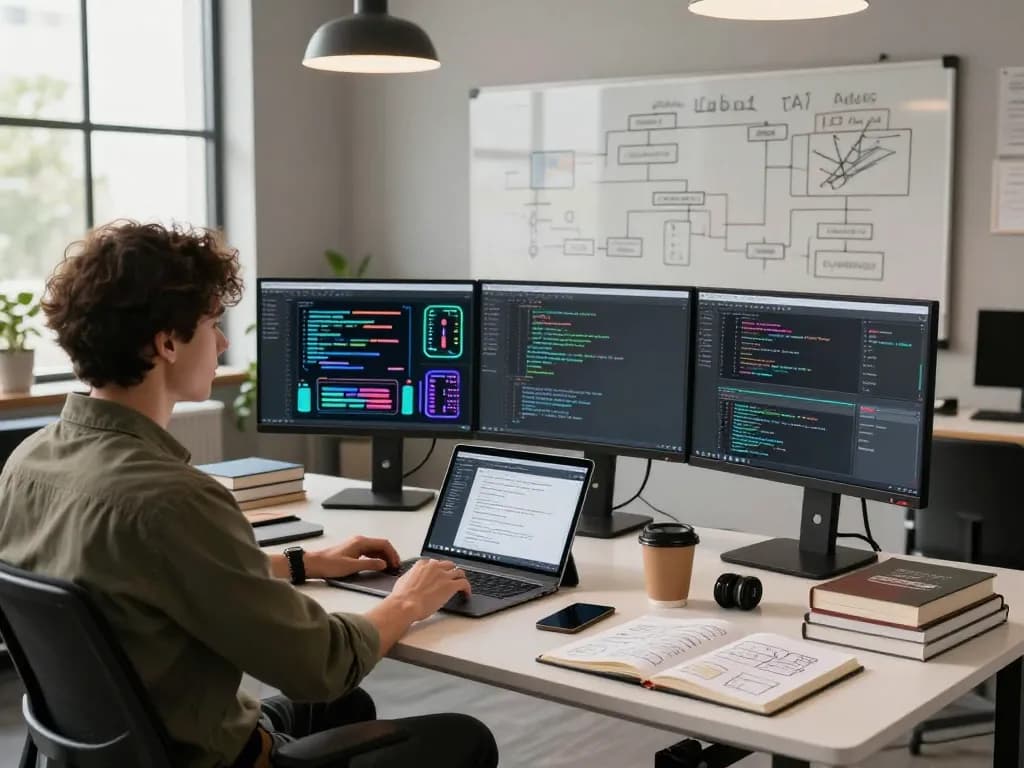 Engaging AI development workspace with software engineer, juicy ai concepts on multiple screens, creative atmosphere.