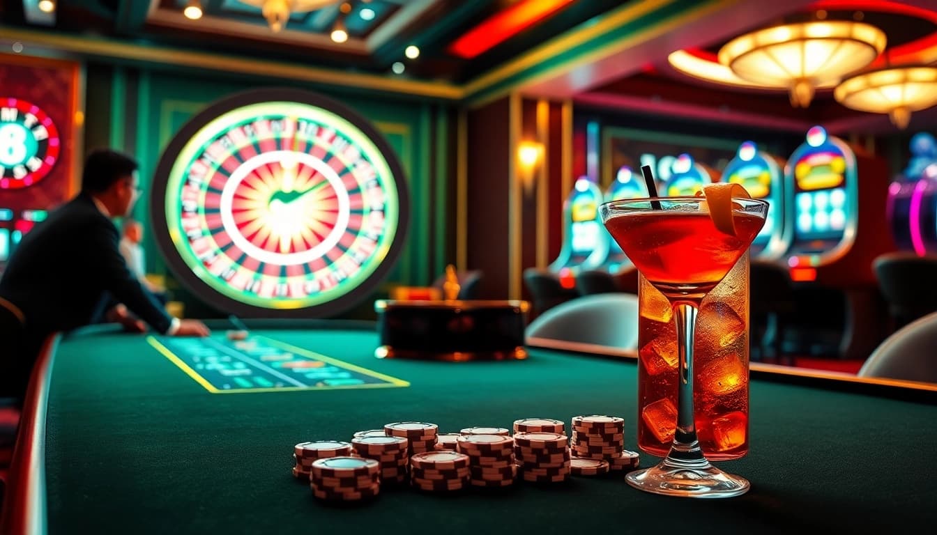 Experience the excitement of J88 with players engaging at a poker table amidst vibrant casino elements.