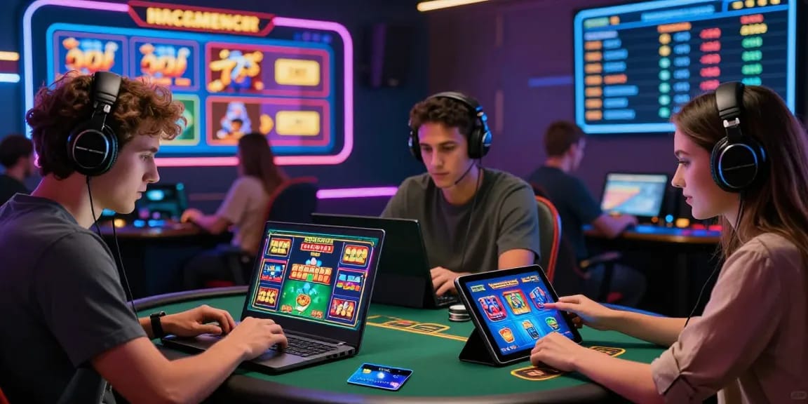 Engaged players enjoying a credit card casino experience online with modern devices and vibrant graphics.