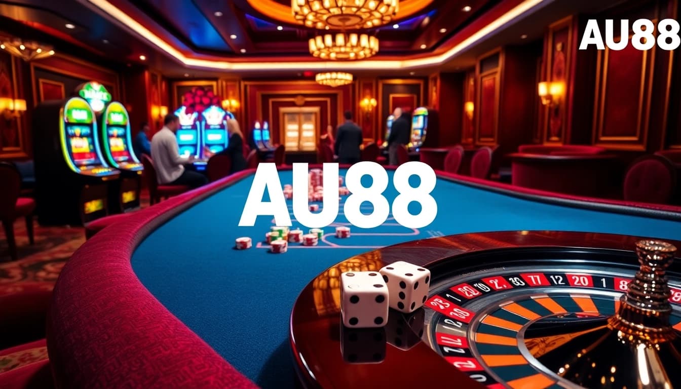 Excited players engage in games at AU88 casino featuring poker tables, slots, and roulette.