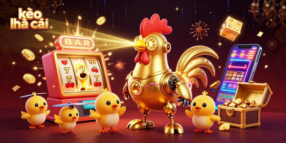 Experience kèo nhà cái excitement with a golden rooster robot amid casino chaos.