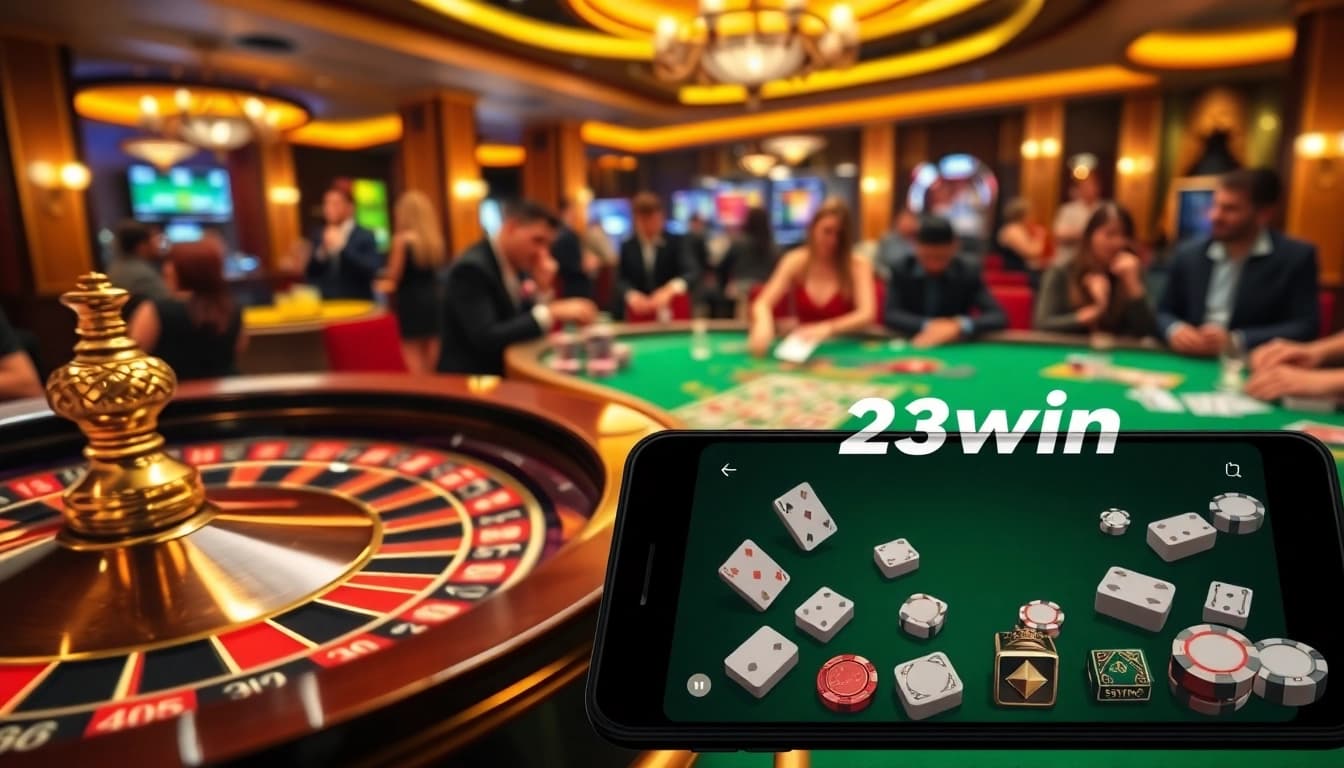 Experience the excitement of 23win casino with roulette, poker chips, and vibrant gaming atmosphere.