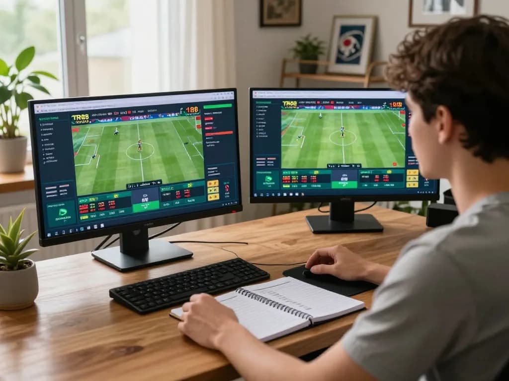 Person placing bets on TR88 sports betting app while analyzing live events on multiple screens.