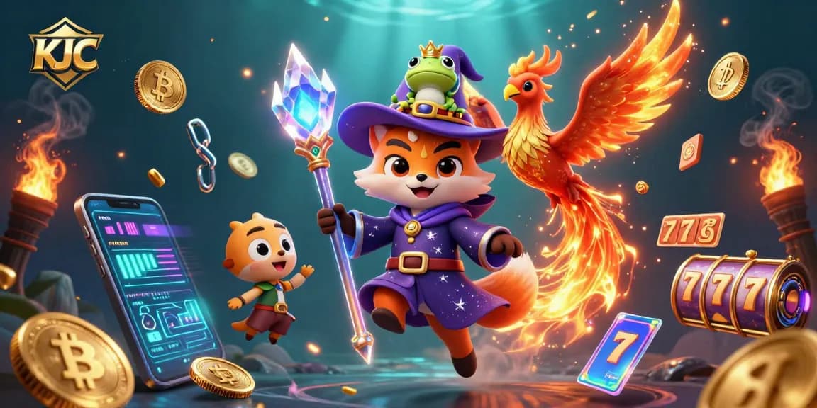 KJC showcases a mystical wizard fox and phoenix in an exhilarating casino scene filled with vibrant slot machines and bitcoin elements.