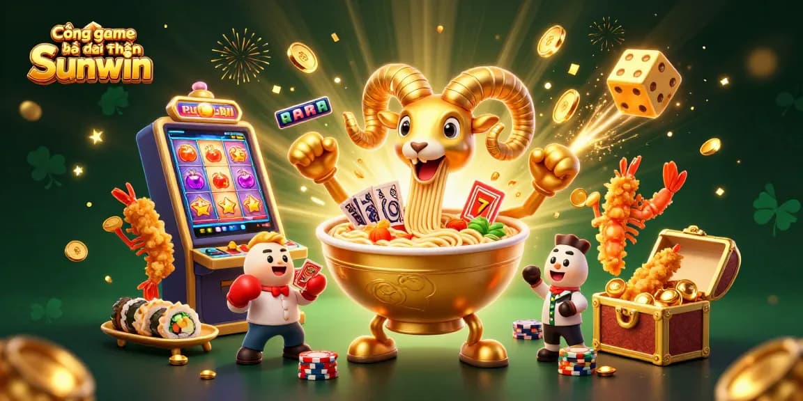 Cổng game bài đổi thưởng Sunwin showcases a vibrant 3D illustration featuring a ramen bowl dealer and lively casino elements.