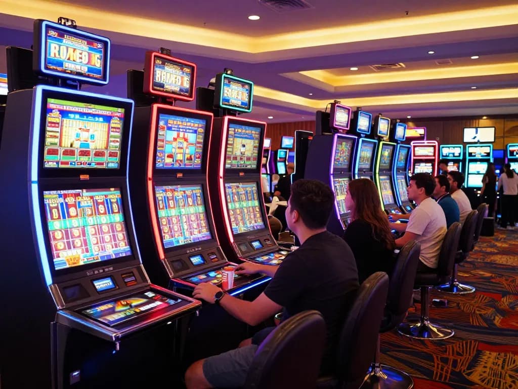 Players enjoying the excitement of slot machines on a busy casino floor