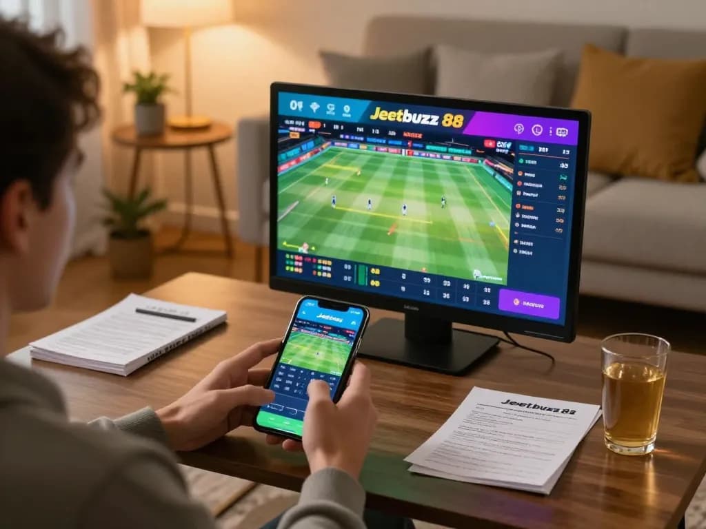 Betting on cricket using the Jeetbuzz 88 app in a cozy home setting during live gameplay.