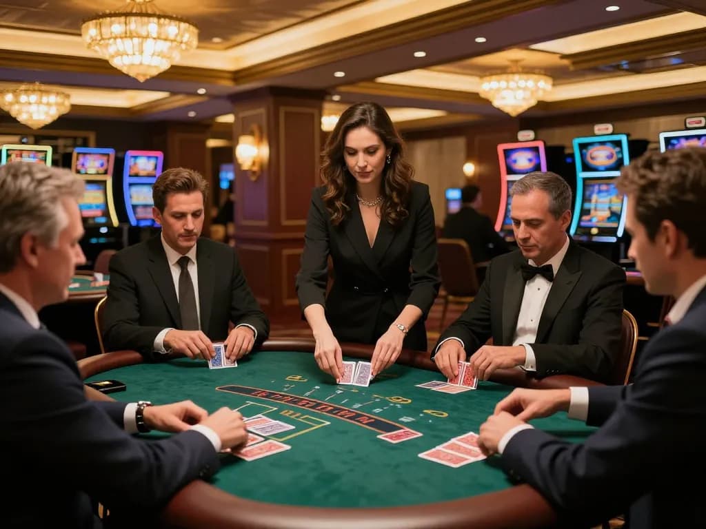 uu88 players strategically placing bets at a luxurious blackjack table in a high-end casino atmosphere.