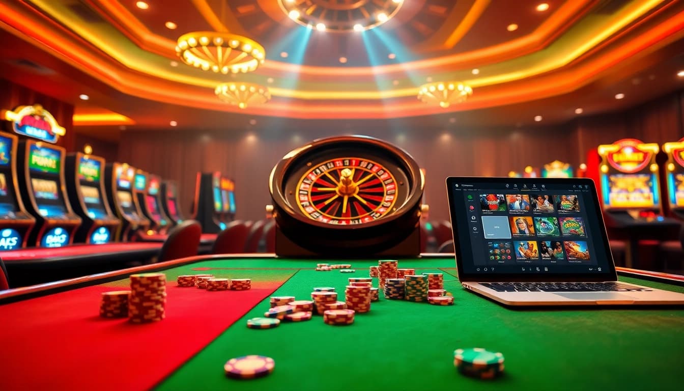 Engaging scene at Nhà Cái DEBET with poker chips and roulette wheel highlighting online gambling.