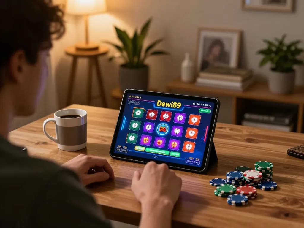 Pengalaman bermain Dewi89 di tablet dikelilingi oleh chip dalam lingkungan rumah yang nyaman.