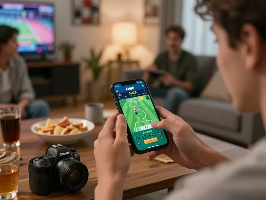 Engaging sports betting session with AU88 app on smartphone in cozy home setup