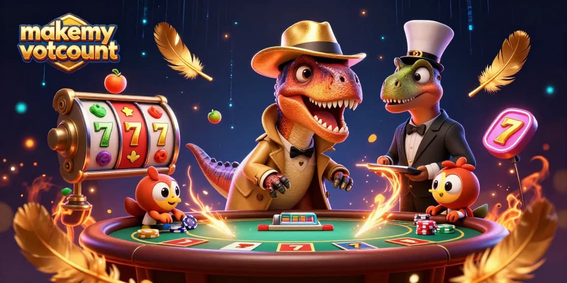 Engage with makemyvotecount at an exciting blackjack scene with animated dinosaurs and vibrant casino elements.