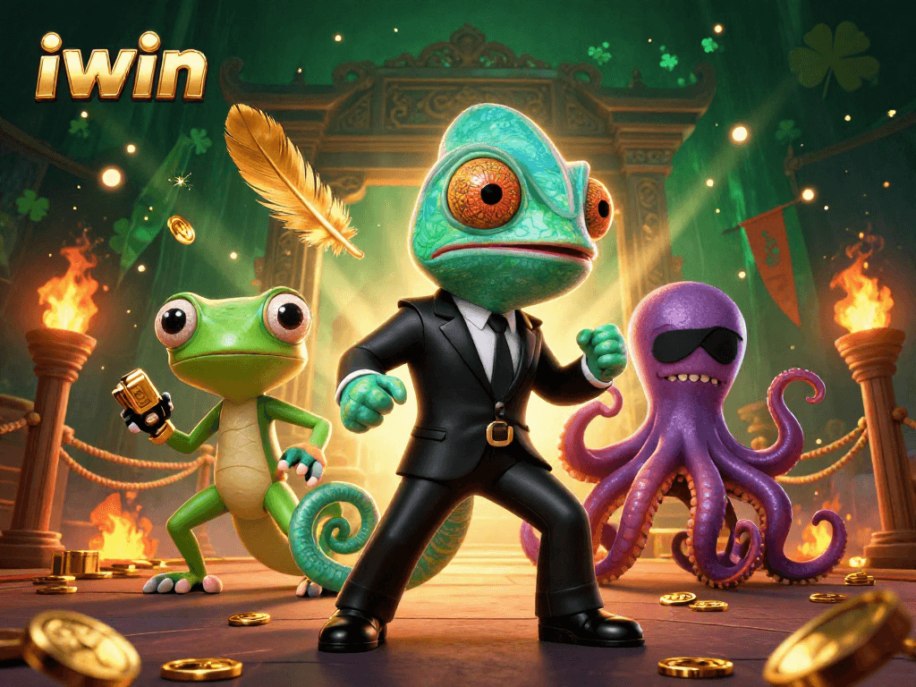 Engage with iwin's thrilling casino adventure featuring a chameleon, gecko, and octopus in action.