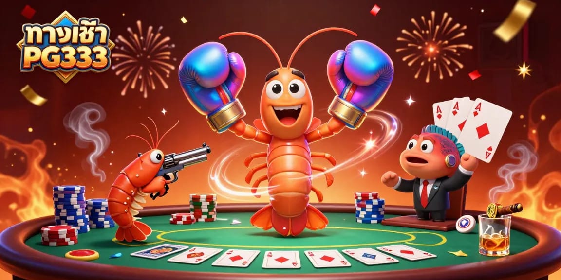 Experience dynamic action with ทางเข้า PG333 while a mantis shrimp and friends celebrate at a poker table.