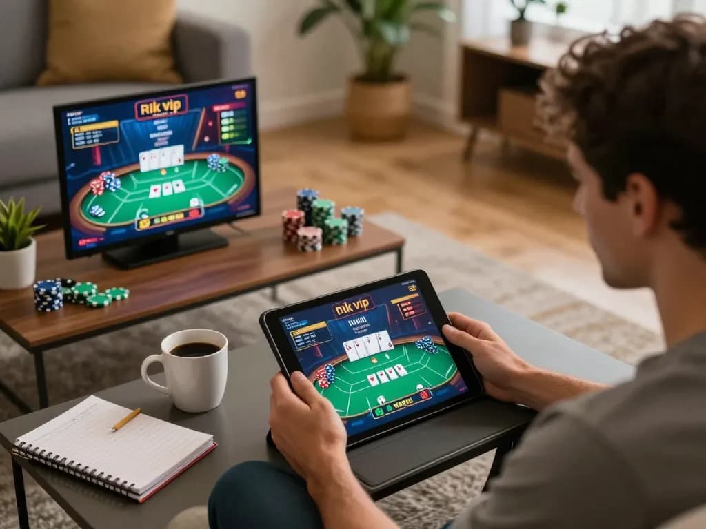 Engaged player enjoys rik vip online poker on tablet, cozy home environment with strategy notes.