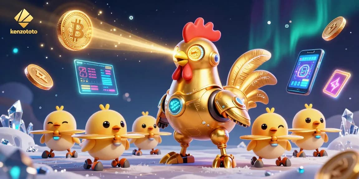 Kenzototo engages players with a vibrant scene featuring a futuristic golden rooster robot and crypto-themed elements.